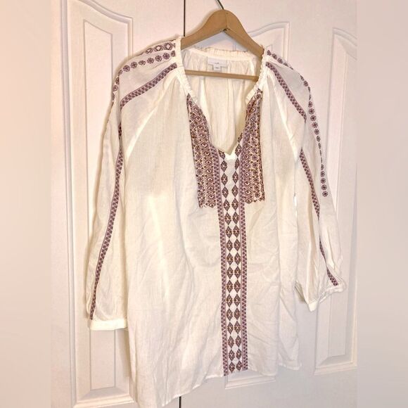 J. Jill 100% Cotton White Boho Embroidered 3/4 Sleeve Tunic Top Size 2X - Picture 2 of 9